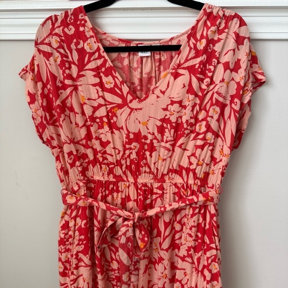 GAP Tiered V-Neck Floral Belted Dress Prairie Cottage Summer Orange Poppy Red M - Picture 3 of 11